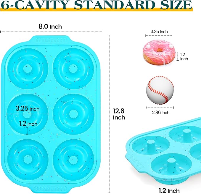 Silicone Donut Pan for Baking with Metal Reinforced Frame, Nonstick 3.25 inch Doughnut Baking Pans, 6 Cavity Donut Trays, Make Perfect Bagels and Cake Donuts (Aque)