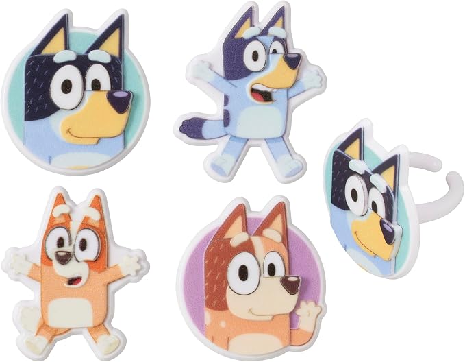 DecoPac Bluey So Much Fun Rings, 72 Cupcake Decorations Featuring Bluey, Bingo, Bandit, and Chilli, 3D Food Safe Cake Toppers – 72 Pack