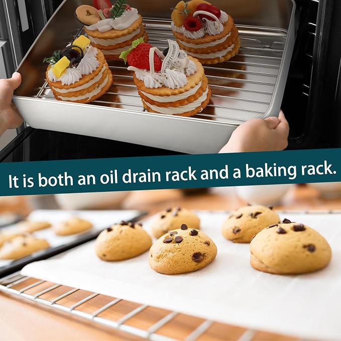 Funnymoom 3 Pcs Baking Stainless Steel Pans with Lids and Cooling Racks 13/10.5/9.5 Inch Roasting Rectangle Sheet Full Size 2.3" Thick Heavy-duty for Cakes Bread Vegetables Dishwasher Safe