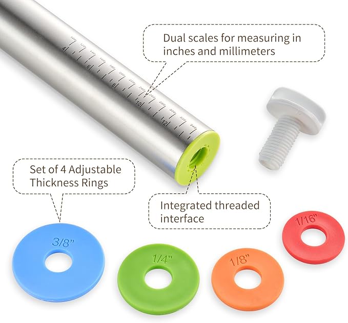 Adjustable Rolling Pin 17” with 4 Thickness Rings for Baking, Stainless Steel Dough Roller with Clear Measurement for Pizza, Fondant, Pie, Cookies, Baking Supplies, Pastry, Pasta