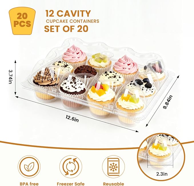 Dayacoco 12 Count Cupcake Containers, 20 Pack Stackable Cupcake Carrier with 250 Pack Cupcake Liners, Plastic Cupcake Boxes Holders, Clear Cupcake Disposable Trays for Baking, Parties, Gifting