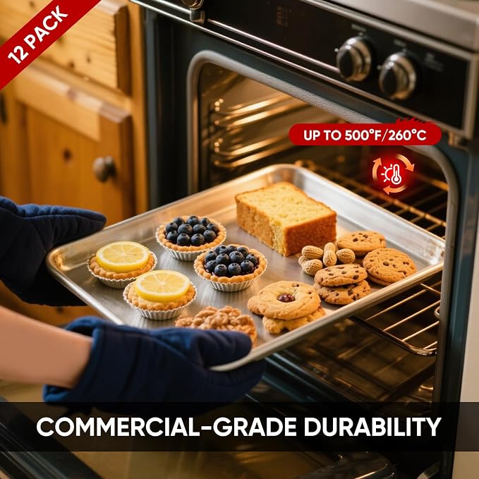 TENUP 12 Pack Aluminum Full Sheet Pan, 26" x 18" Heavy Duty Commercial Baking Tray Reinforced Rim, Warp-Resistant Rust-Free