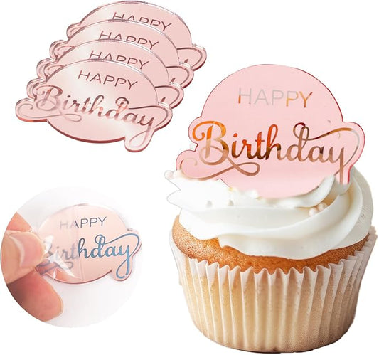20 Pcs Mirror Acrylic Happy Birthday Cupcake Toppers Pink Happy Birthday Cake Topper Engraved Mini Cake Picks for DIY Birthday Gift Flower Bouquet Pastries Desserts Decor