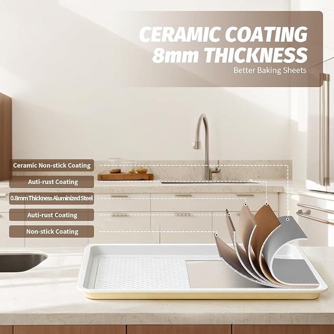 Nonstick Ceramic Baking Sheet With Rack, 2-Pack Half Sheet Pan, Non-Toxic, PTFE & PFOA Free, Warp-Free, Oven Safe 550°F, Dishwasher Safe, Aluminized Steel, Gray Yellow