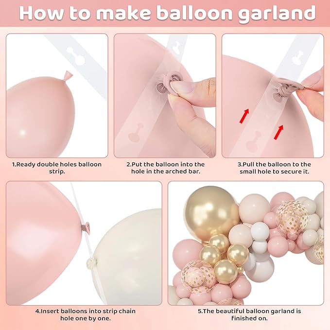 Amandir 153pcs Dusty Pink and Gold Balloon Garland Arch Kit, Different Sizes 18 12 10 5 inch Blush Pink White Sand Latex Metallic Confetti Balloons for Boho Bridal Wedding Birthday Party Decorations