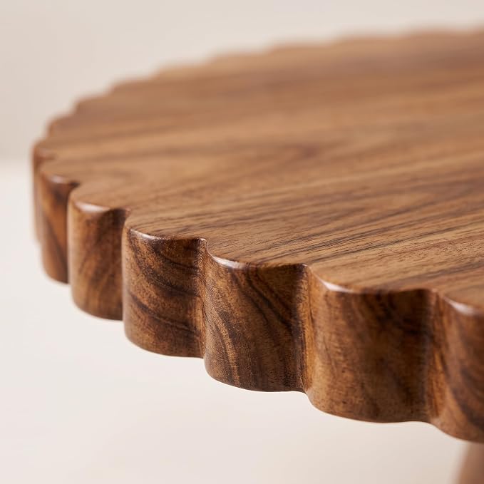 13"Scalloped Acacia Wood Cake Turntable Rotating Cake Stand with Lazy Susan | cake turntable for decorating,cake spinner,scalloped rotating cake stand,lazy susan organizer for cabinet