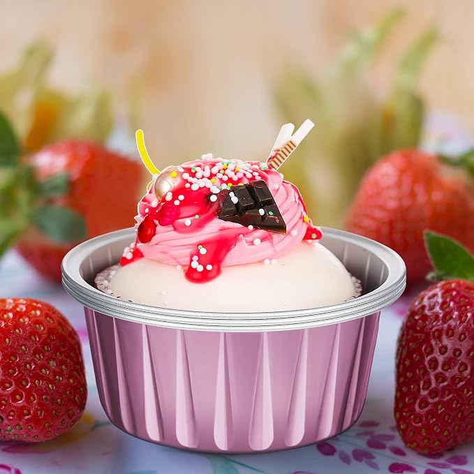 200 Pack Aluminum Foil Cupcake Liners with Lids, 5 oz Round Baking Cup, Disposable Ramekin Container for Graduation Wedding Independence Day Party(Pink,Plain)