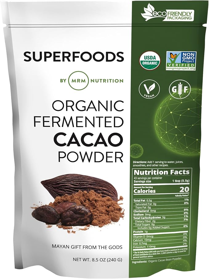MRM Nutrition Organic Fermented Cacao Powder - Premium Superfood Powder from Peruvian Cacao Beans, Antioxidant Rich, Flavonoids, Unsweetened, Vegan, Gluten Free, non-GMO - 43 Servings