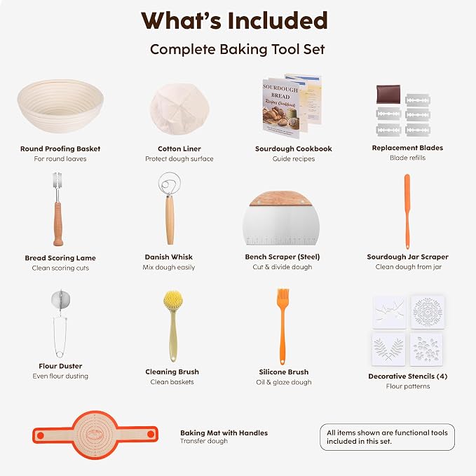 Sourdough Starter Kit for Beginners with 9" Round Banneton Proofing Basket, Bread Lame with 5 Blades, Danish Dough Whisk, Silicone Sling, Stencils & Baking Supplies for Homemade Sourdough Baking