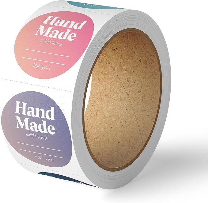 Mobiusea Creation Handmade with Love Labels Roll | Colorful Gradient Design | 2 inch Round Cut | 500 Labels for Homemade Goods, Handmade Stickers, Soap Candle Canning Supplies