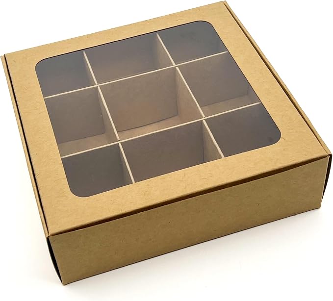 20pcs Kraft Treat Boxes with Window and Dividers | 9 SMALL compartments | 6.5 x 6.5x 1.9 in | Chocolate-covered strawberries supplies, macaron boxes, baked goods packaging