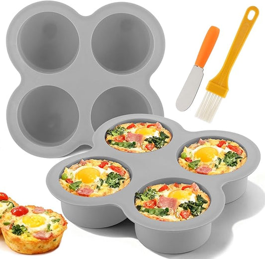 2 Pack Air Fryer Egg Bite Molds, 4 Cups Round Muffin Pans, Silicone Egg Bite Molds with Spreader＆Oil Brush Nonstick Air Fryer Baking Pan for Cupcake, Muffin, Tart, Frittata, Quiche