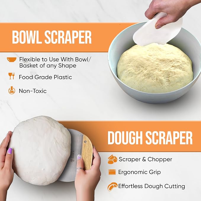 Banneton Bread Proofing Basket Set - Sourdough Bread Baking Supplies and tools, Round 9 Inch Bread Proofing Basket, Bread Lame, Dough Whisk, Metal and Plastic Scrapers, Flour Duster, Bread Making Kit