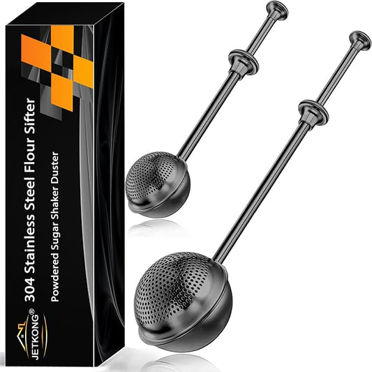 JETKONG 2 Pcs Flour Sifter, Stainless Steel Flour Duster for Bread Baking, Bakers Dusting Wand for Powdered Sugar and Spices (Small+Large, Black)