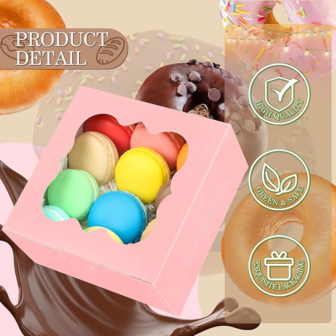 KPOSIYA 65PCS Bakery Boxes with Window 6x6x3 Inches 5 Style Cookie Boxes Small Pastry Boxes for Candy, Dessert, Pastry, Donuts, Birthday Party, Wedding(Pink)