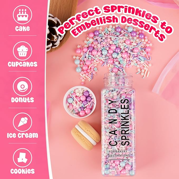 Sprinkles for Cake Decorating, 5.3Oz Pink Purple Blue and White Pearl Confetti Jimmies Mix Pastel Sprinkles for Cake Ice Cream Cupcakes Baking Topping