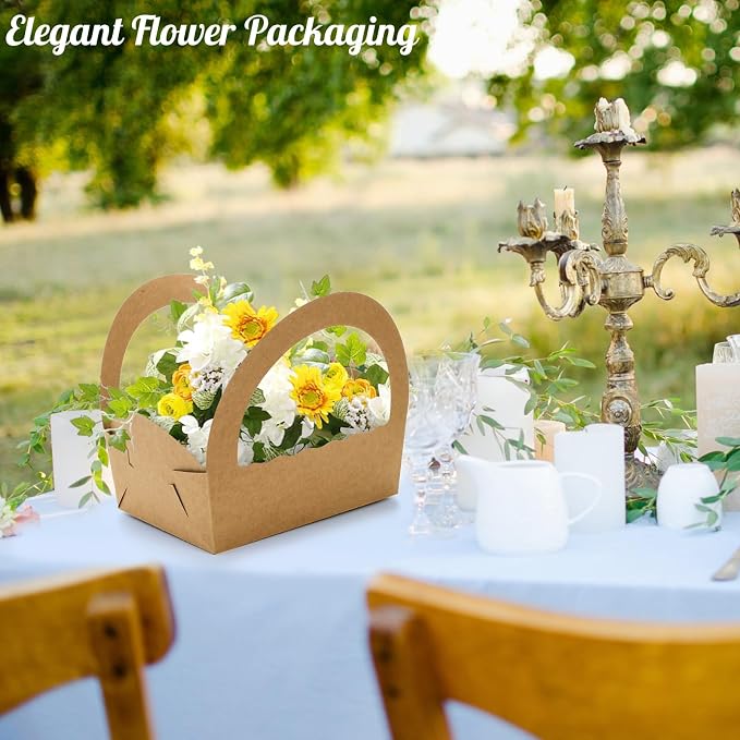 ELFULLY 50 Pack Paper Baskets for Gifts, 8.6" Kraft Basket with Handle Bulk, Empty Cookies Boxes for Desserts Snacks Donuts Pastries, Gifting Baskets for Party Wedding Anniversary Business DIY, Brown
