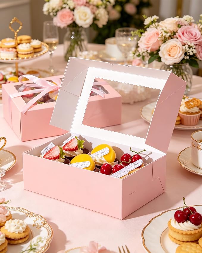 COTOPHER 50Pcs Cookie Boxes with Ribbons, 9x6x3 Inch Bakery Boxes with Window, Pink Treat Containers for Pastries, Chocolate Covered Strawberries, Dessert, Easter Candy, Muffins, Donuts