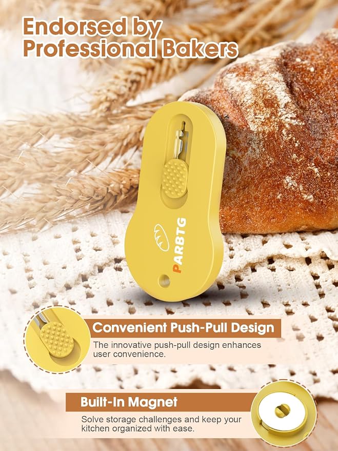 Bread Lame Dough Scoring Tool, Extractable & Magnetic Sourdough Scoring Tool for Sourdough Bread Baking, Bread Making, Bread Scoring Tool with 5 Razor Blades, Scoring Patterns booklet, Yellow