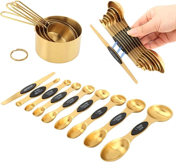 Gold Measuring Cups and Spoons Set, 13-Piece Stainless Steel, 4 Nesting Cups + 8 Double-Sided Measuring Spoons + Leveler, Engraved Sizes, Gold Finish for Cooking and Baking