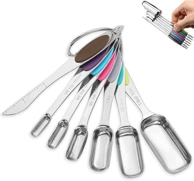 Magnetic Measuring Spoons Set of 7,Stainless Steel Measuring Spoons with Leveler,Nesting Measuring Spoon for Dry & Liquid Ingredients (7, Colorful)