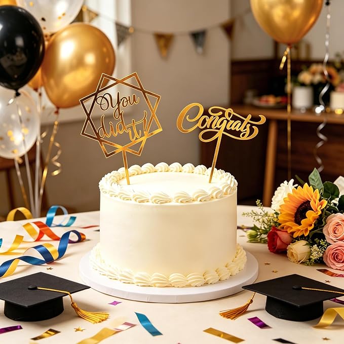 Whaline Graduation Cake Topper Gold Acrylic Cake Topper Congrats Grad You Did It Congratulations 5 Design Table Centerpiece Sticks Grad Party Food Appetizer Picks for Cakes Decor Supplies, 10pcs | Congrats Grad, 5 Design, You Did It Congratulations, Ta...