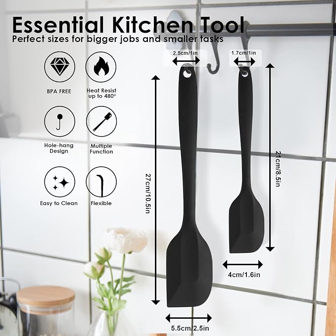 Silicone Spatula Set 2 Pcs Heat Resistant Rubber Spatula for Non-stick Cookware BPA Free (Black)