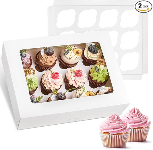 Kucoele 12 Count Cupcake Boxes, 2 Pack White Cupcake Containers with Windows and Inserts, Disposable Cupcake Carriers for Muffins, Treats, Pastries, 13 x 10 x 4 Inches