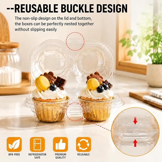2/4/6 Count Cupcake Containers with Hinged Airtight Lids, Clear Plastic Cupcake Boxes, Stackable Single Cupcake Holders for Frosted Cupcakes or Muffins