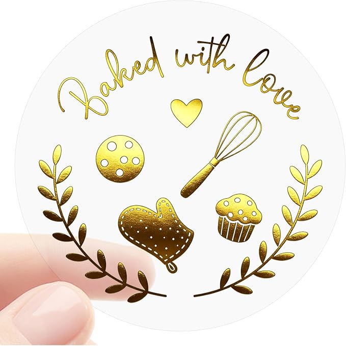 100 Pack Baked with Love Stickers, Clear Gold Foil Bakery Labels for Homemade Baked Goods, Baking Stickers for Cookies, Bread, Cupcakes, Sourdough & Small Business Packaging, 1.6''