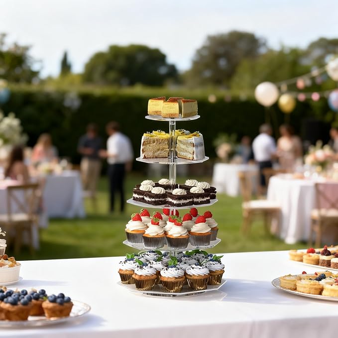 5-Tier Rotating Cupcake Stand, Clear Acrylic 360° Spinning Dessert Display Tower for Cakes & Pastries, Serving Stand for Weddings, Birthdays, Parties-Polygon