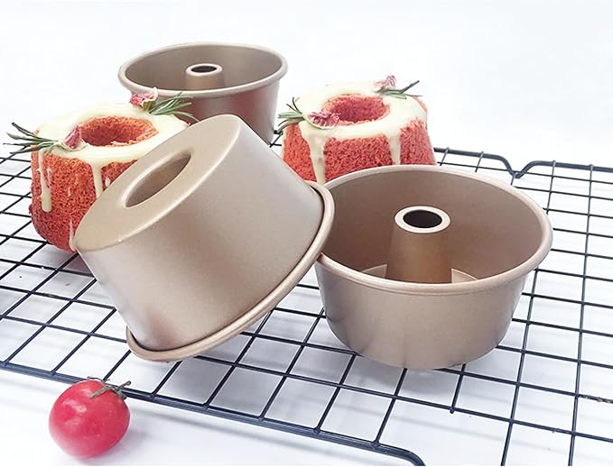 4 Inch Nonstick Fluted Tube Cake Pan, 4 Pcs Mini Buntz Cake Cup Set, Carbon Steel Reusable Small Baking Mould Cup Mold Bakeware for Kugelhopf, Cake, Brownie, Jello, Bavarois - Gold