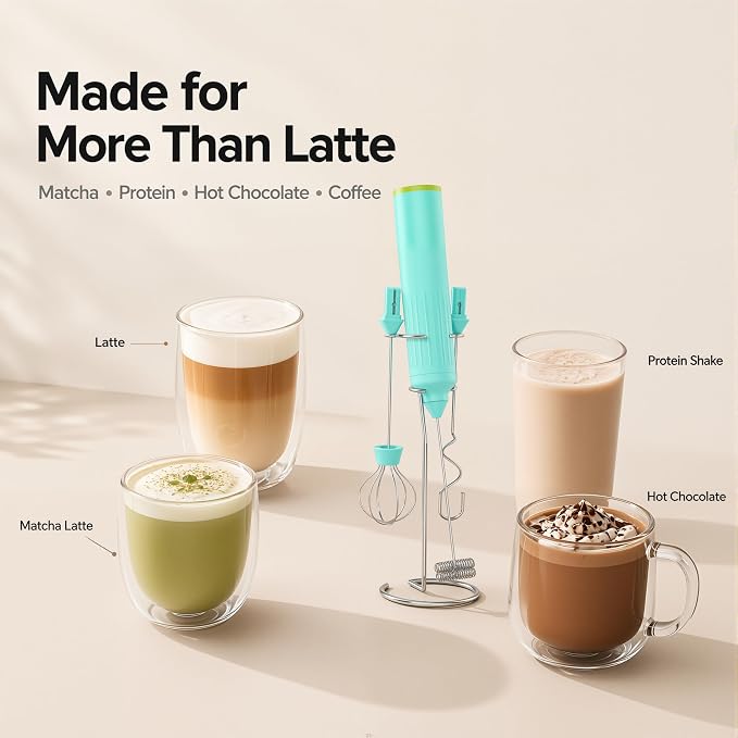 Milk Frother Handheld with 3 Stainless Steel Whisks, Rechargeable Electric Drink Mixer with Stand & Travel Case, Milk Foamer for Coffee, Latte, Cappuccino, Hot Chocolate, Egg,Jam Supplement-Mint