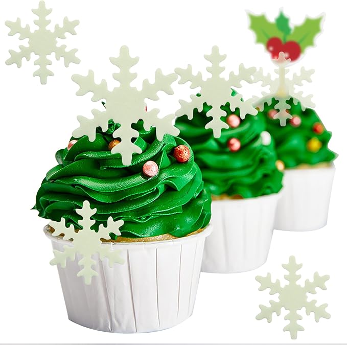 YOcity 50PCS Edible Snowflakes Cake Cupcake Toppers White Snowflake Cupcakes Decorting for Christmas Winter Frozen Theme Birthday Party Supplies (White)
