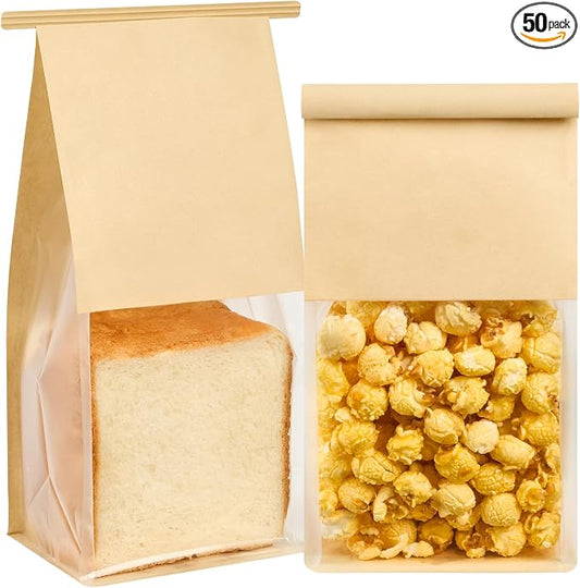 Ocmoiy 50 Pack Cookie Bags with Window, 5.1x3.9x11 Inches Tin Tie Tab Lock Bakery Packaging Bag, Resealable Paper Pastry Bags for Bagels, Popcorn, Treat