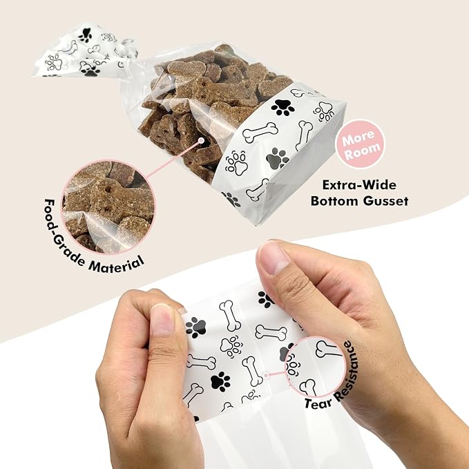 EKAPACKAGING 25 Pack 4.3x8.3 Inch Clear Paw Print Dog Treat Bags with Twist Ties Flat Bottom Cellophane Goodie Bags for Pet Party Favors Birthday Gifts Retail Packaging Homemade Treats