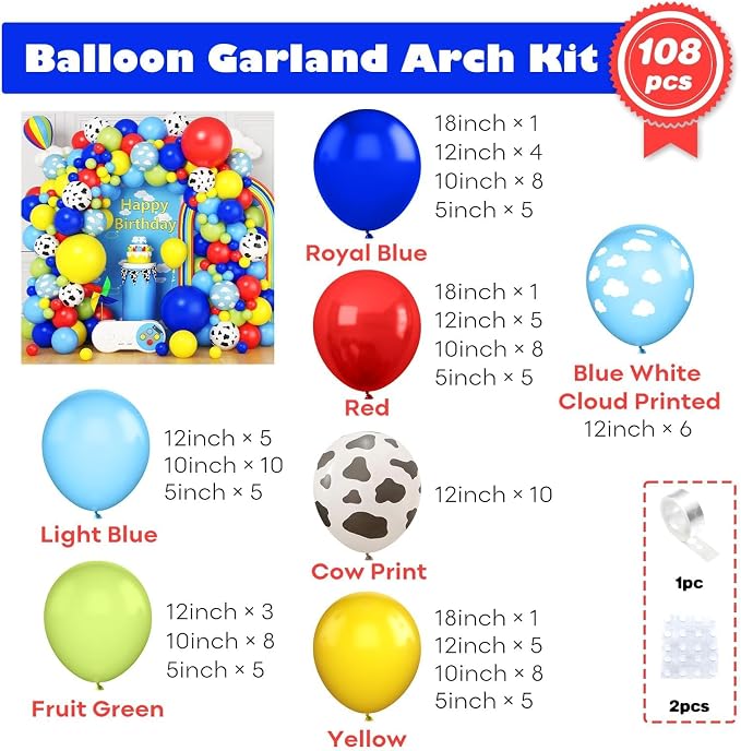 Rainbow Balloons Arch Kit, 108 Pcs Red Yellow Blue Balloon Garland with Cloud Cow Printed Latex Balloons Helium for Kids Boy Baby Shower Birthday Theme Party Decoration