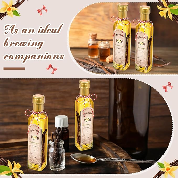 Tioncy 12 Pcs Vanilla Extract Bottles for Homemade Vanilla Jar Glass Square Bottle with Cap Shrink Band Sticker Syrup Food Storage Canister for Liquids Bean Sauce Spice Gift Giving(Gold,8.5 oz)