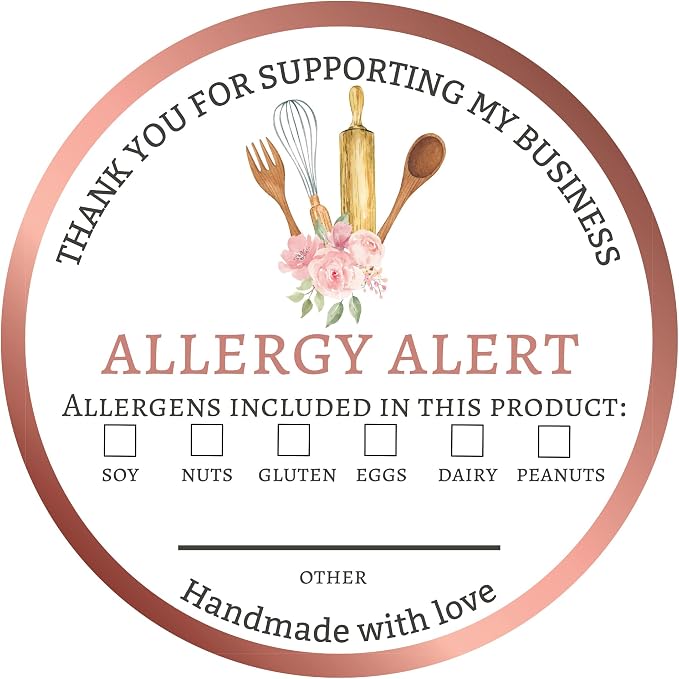 Mobiusea Creation Allergen Warning Stickers | 300 Round Food Allergy Stickers | 2" Waterproof & Writable Ingredient Label Adhesives with Selectable Allergen List for Bakery, Restaurant, Catering Use