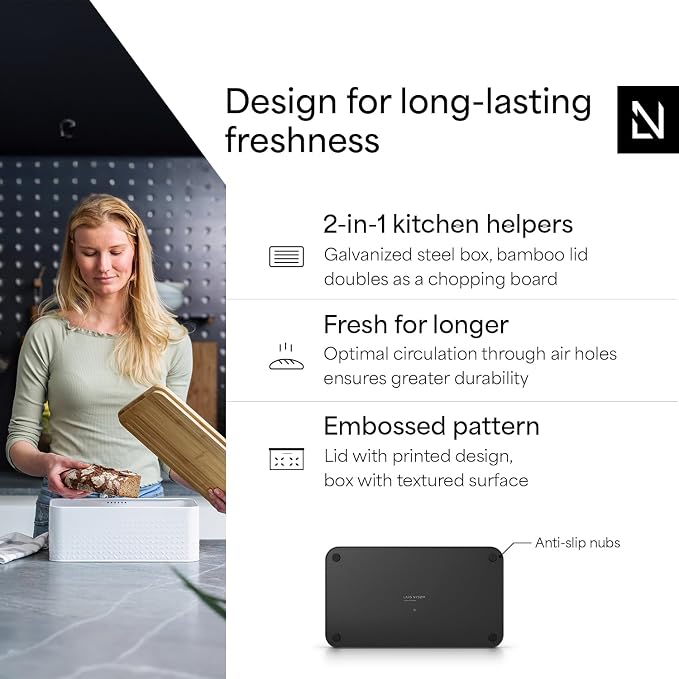 LARS NYSØM Bread Box I Metal Box for long lasting freshness I Bread Bin with bamboo lid usable as cutting board I 13.4x7.7x5.3In (Midnight Black)