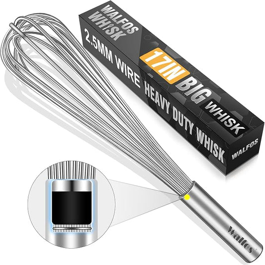 Walfos Whisk,17in Large Whisks, Heavy Duty Stainless Steel Wire Whisk Ideal For Beating Eggs, Blending Sauces, Mixing Batter.