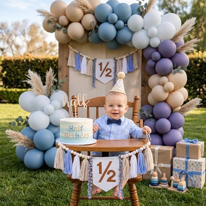 CWK Half Birthday Decorations for Baby, 1/2 Birthday High Chair Banner with Cone Hat & Cake Topper, Half Way to One Party Kit, Photo Props for 6 Month Baby Birthday(Blue)