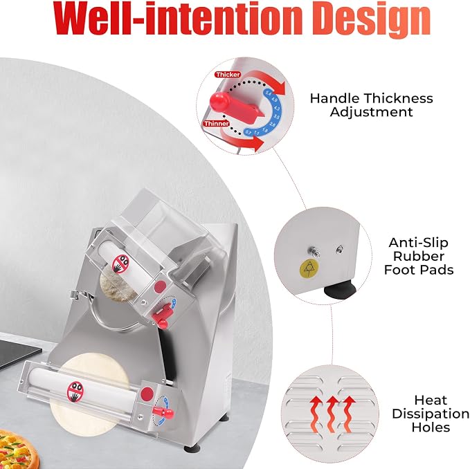 Pizza Dough Roller Sheeter, 4-12" Press Making Machine 370W 110V Electric Pizza Dough Roller Commercial Rolling Pin Pastry Press stainless Steel Dough Rollers for Pizza Bread & Pasta Maker
