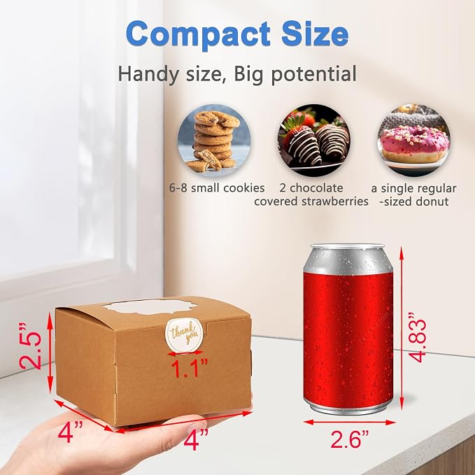 4-Inch Small Cookie Boxes 25Pcs Brown - Bakery Treat Boxes with Window for Gifting, To-go Containers Paper for Cake Slice, Macarons, Donuts 4x4x2.5