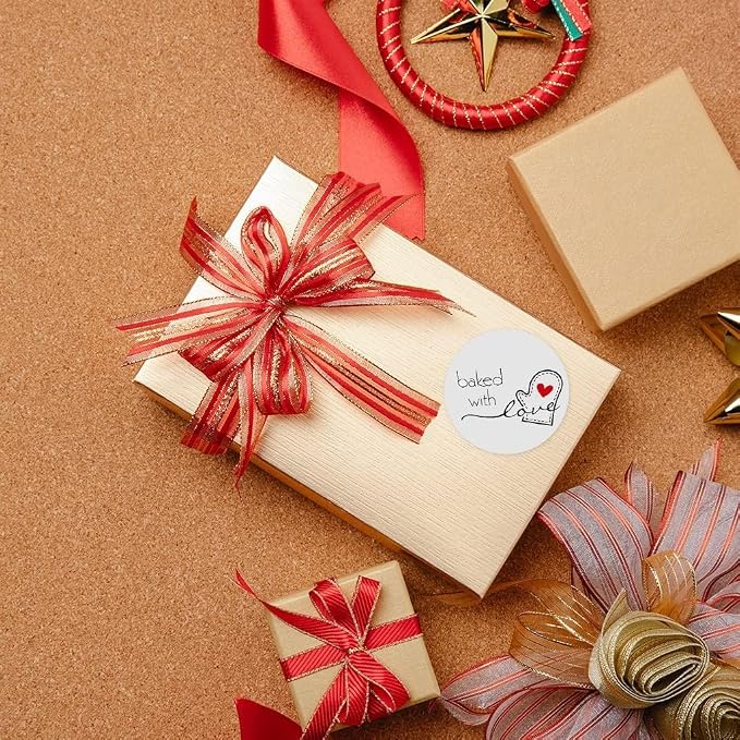 JJLFresheners 500Pcs/Roll White Baked with Love Adhesive Stickers, Round Baking Stickers, Bakery Bags Candle Packaging Sticker Labels