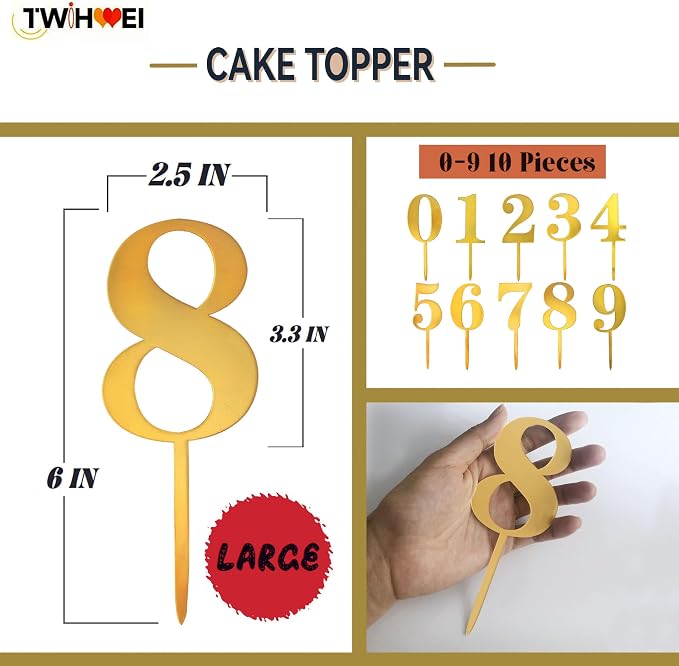Big 6 IN 0-9 Gold Birthday Number Cake Toppers Large Golden Acrylic Happy Anniversary Cake Topper Sticks For Diy Handmade Cake Sign Decorations 10 Pcs Cupcake Topper Party Supplies Set