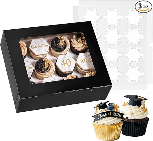 Moretoes 3PCS Cupcake Boxes with Window,Hold 12 Count Cupcake Containers for Birthday,Graduation, Party Decorations(Black)