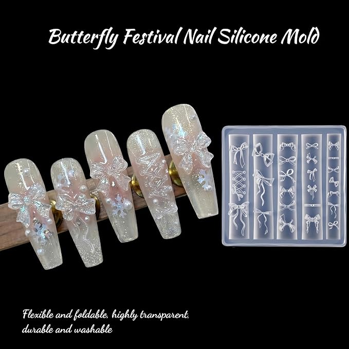 Bow Nail Art Silicone Mold for Acrylic Nails, 3D Ribbon & Lace Nail Charms Mold, Flexible Reusable Silicone Mold for Nail Art Decoration, DIY Nail Accessories for Gel Acrylic Resin