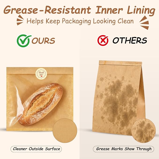 AgePlace 250 Pack Cookie Bags with Seal, 7.1 x 7.5 Inch Kraft Paper Bakery Bags with Window, Storage Box Included, Self Sealing & Grease Resistant Cookie Packaging for Donuts,Brownies,Scones & Muffins