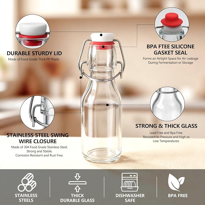 Ruckae Swing Top Glass Bottles,Flip Top Glass Bottle with Lids Sealable Kombucha Bottle for Brew Beer Syrup Vanilla Extract Air Tight Bottles for Gift (4 oz 12 pack)